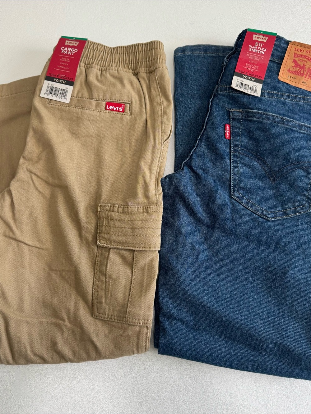 Youth 8 Levi’s Tan Drawstring Cargo Pant + Dark Wash 511 Slim Stretch Jeans NWT
